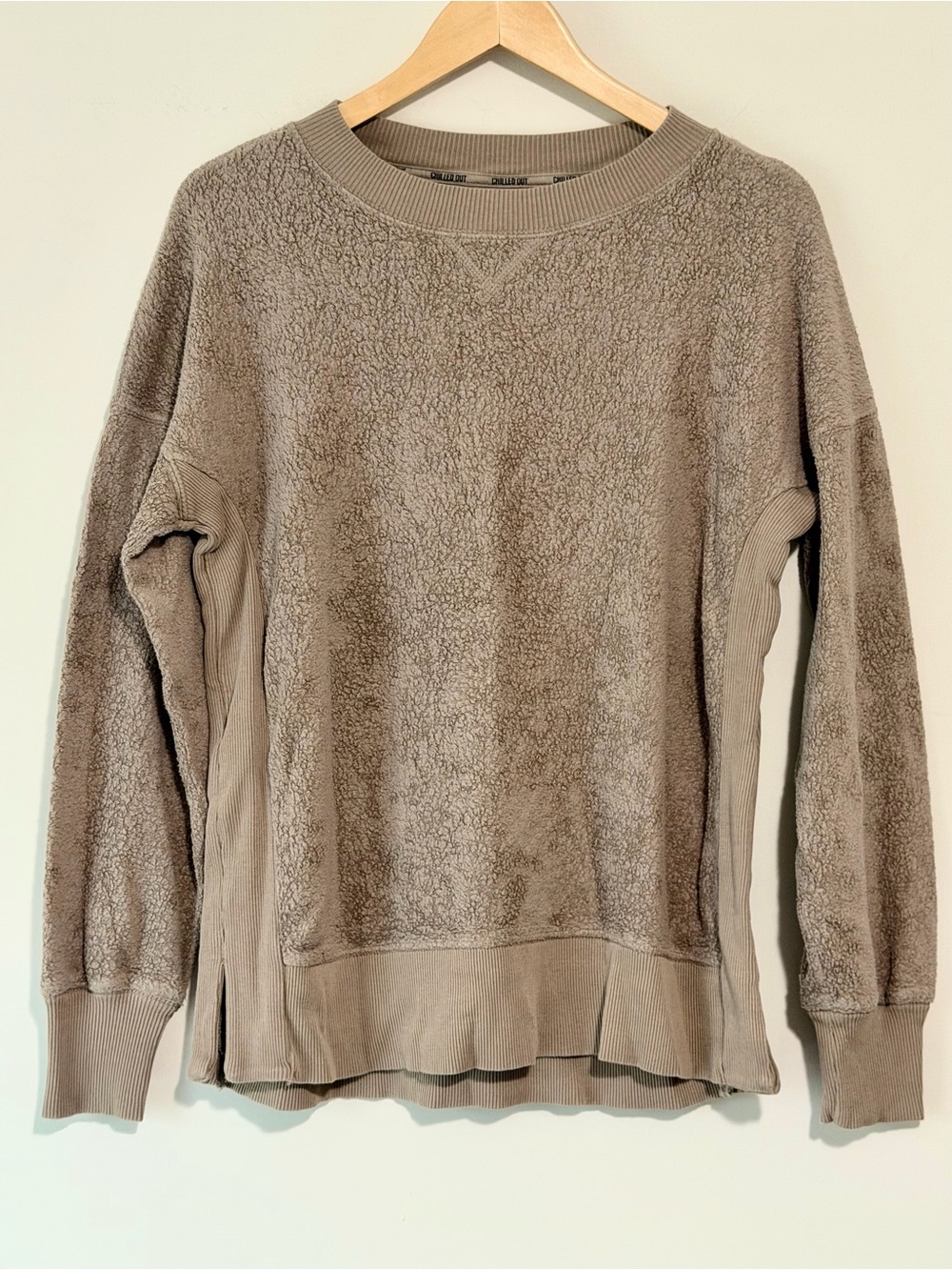 aerie Taupe Sherpa Crewneck Pullover